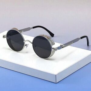 Retro  Round Steampunk Silver Metallic Sunglasses UV400 Men & Women Bikercore